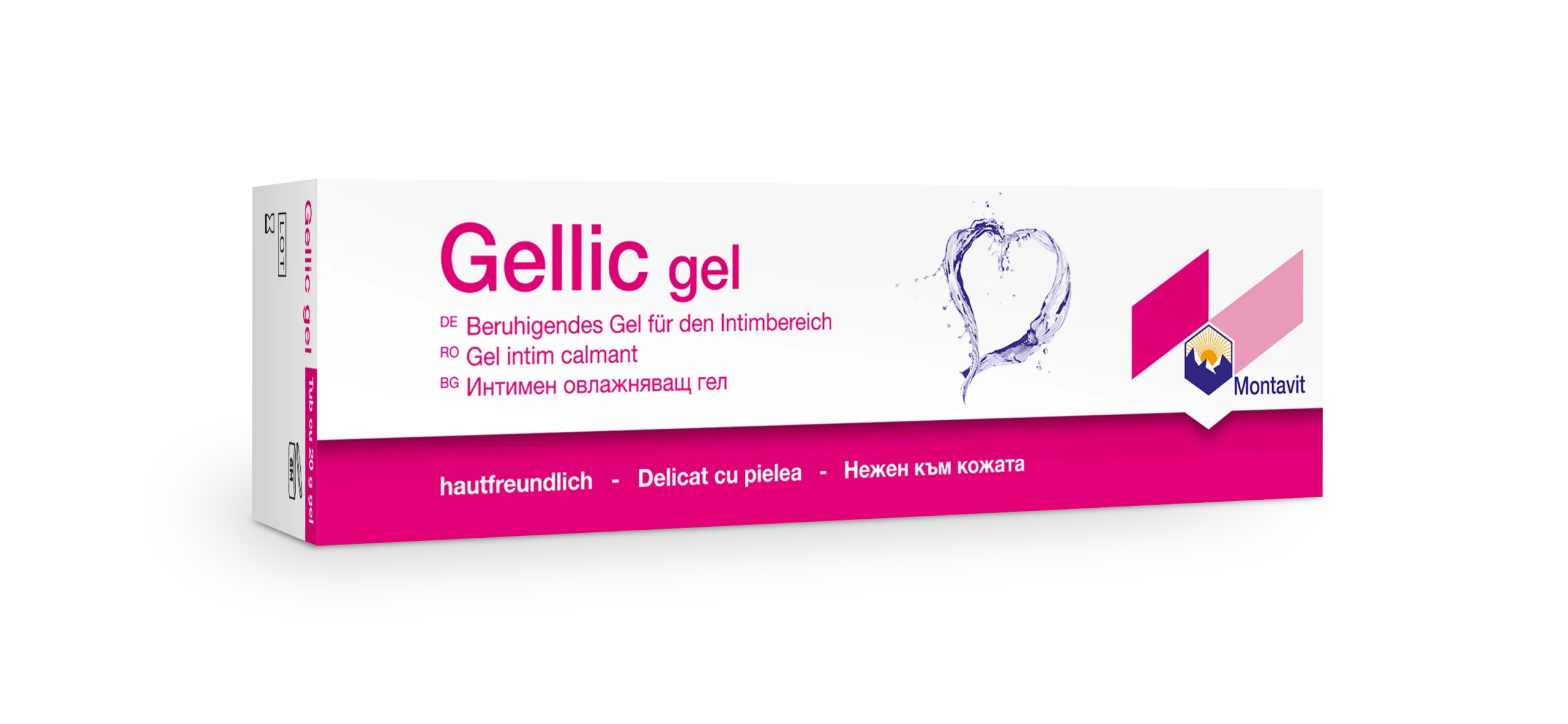 Schachtel mit Montavit Gleitgelen Tube, 20g-ein wasserlösliches Gleitgel gegen Scheidentrockenheit. Die weiße und pinke Verpackung zeigt einen herzförmigen Wassersplash und das Montavit-Logo in Blau und Gelb. Packshot Gellic